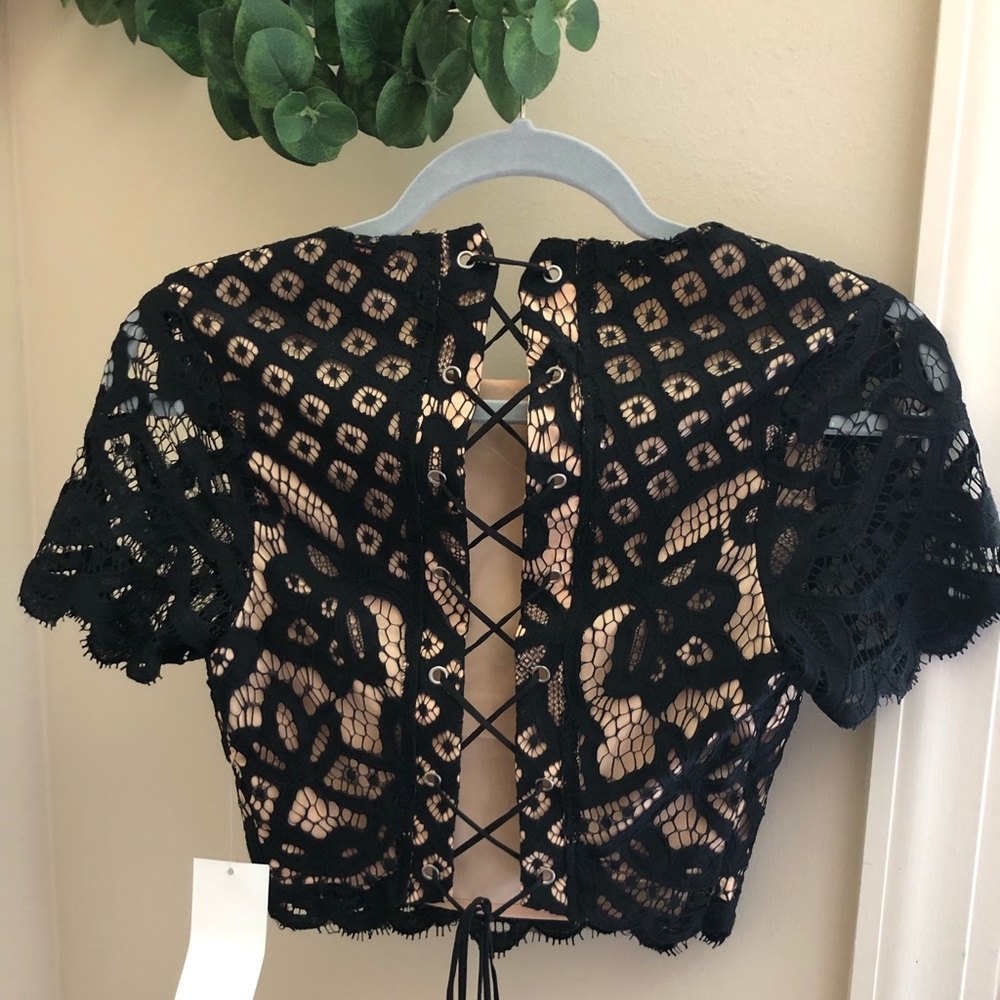 TOBI black lace crop top, short sleeve, lace back